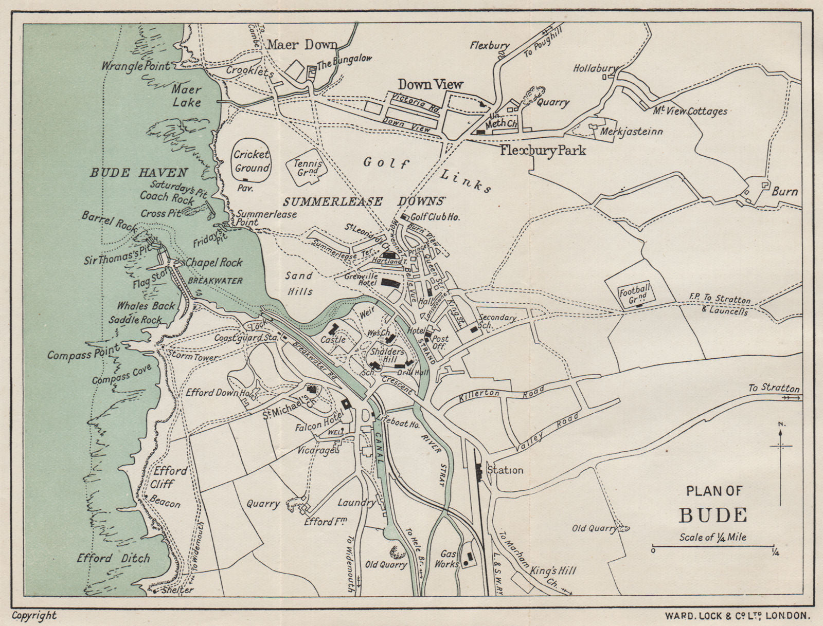 BUDE vintage town/city plan. Cornwall. WARD LOCK 1914 old antique map chart
